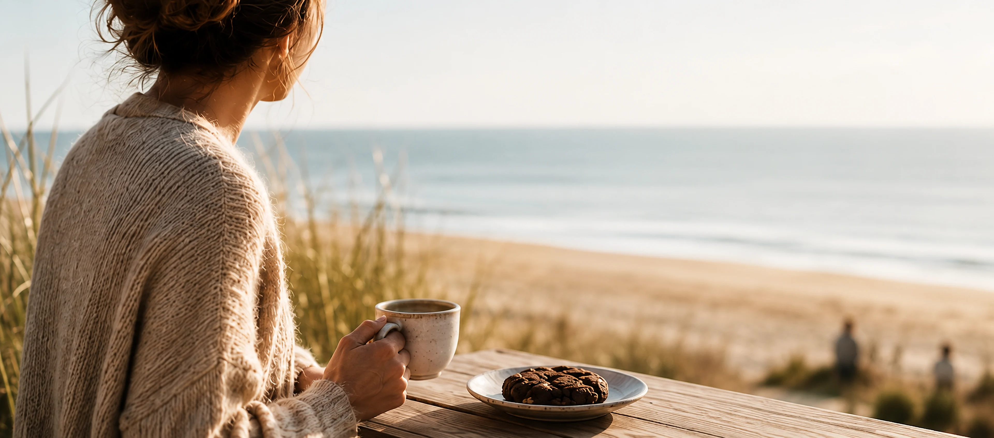 Woman with a cup of tea and a plant-based gluten-free chocolate cookie by the sea in a quiet natural moment.